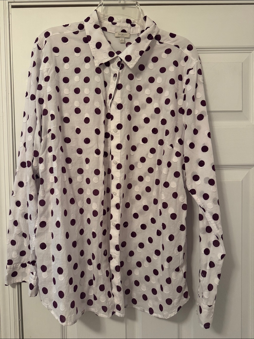 Talbots White Button-Down Shirt with Burgundy Polka Dots